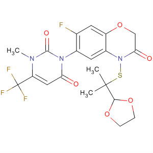 390754-87-7  2H-1,4-Benzoxazin-3(4H)-one,6-[3,6-dihydro-3-methyl-2,6-dioxo-4-(trifluoromethyl)-1(2H)-pyrimidinyl]-4-[[1-(1,3-dioxolan-2-yl)-1-methylethyl]thio]-7-fluoro-