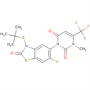 390754-95-7  2(3H)-Benzothiazolone,5-[3,6-dihydro-3-methyl-2,6-dioxo-4-(trifluoromethyl)-1(2H)-pyrimidinyl]-3-[(1,1-dimethylethyl)thio]-6-fluoro-