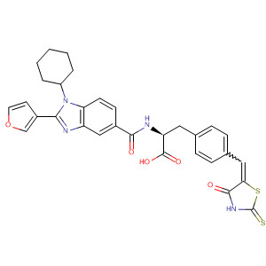 390811-18-4  L-Phenylalanine,N-[[1-cyclohexyl-2-(3-furanyl)-1H-benzimidazol-5-yl]carbonyl]-4-[(4-oxo-2-thioxo-5-thiazolidinylidene)methyl]-
