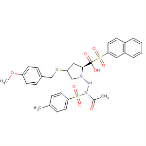391672-95-0  L-Proline, 4-[[(4-methoxyphenyl)methyl]thio]-1-(2-naphthalenylsulfonyl)-,1-methyl-2-[(4-methylphenyl)sulfonyl]hydrazide, (4R)-
