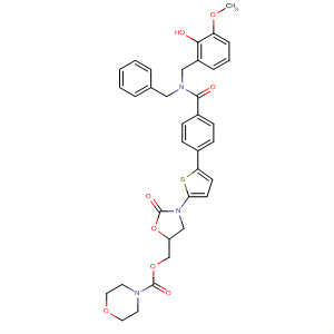 393086-58-3  4-Morpholinecarboxylic acid,[3-[5-[4-[[[(2-hydroxy-3-methoxyphenyl)methyl](phenylmethyl)amino]carbonyl]phenyl]-2-thienyl]-2-oxo-5-oxazolidinyl]methyl ester
