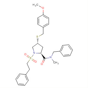 393154-61-5  2-Pyrrolidinecarboxamide,4-[[(4-methoxyphenyl)methyl]thio]-N-methyl-1-[(2-phenylethyl)sulfonyl]-N-(phenylmethyl)-, (2S,4R)-