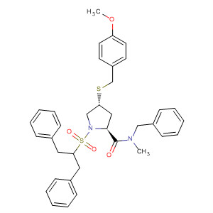 393154-62-6  2-Pyrrolidinecarboxamide,4-[[(4-methoxyphenyl)methyl]thio]-N-methyl-N-(phenylmethyl)-1-[[2-phenyl-1-(phenylmethyl)ethyl]sulfonyl]-, (2S,4R)-