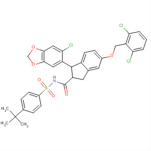 387844-28-2  1H-Indene-2-carboxamide,1-(6-chloro-1,3-benzodioxol-5-yl)-5-[(2,6-dichlorophenyl)methoxy]-N-[[4-(1,1-dimethylethyl)phenyl]sulfonyl]-2,3-dihydro-
