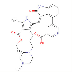 388117-25-7  3-Pyridinecarboxylic acid,5-[3-[[4-(ethoxycarbonyl)-5-methyl-3-[3-(4-methyl-1-piperazinyl)propyl]-1H-pyrrol-2-yl]methylene]-2,3-dihydro-2-oxo-1H-indol-4-yl]-