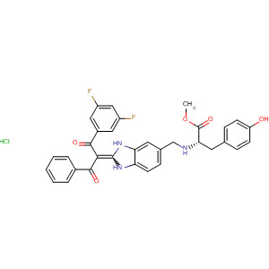 388597-00-0  L-Tyrosine,N-[[2-[1-benzoyl-2-(3,5-difluorophenyl)-2-oxoethylidene]-2,3-dihydro-1H-benzimidazol-5-yl]methyl]-, methyl ester, monohydrochloride
