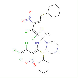 389137-49-9  1-Piperazineethanamine,N,4-bis[3,4,4-trichloro-1-(cyclohexylthio)-2-nitro-1,3-butadienyl]-