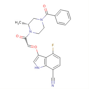 389628-26-6  Piperazine,4-benzoyl-1-[(7-cyano-4-fluoro-1H-indol-3-yl)oxoacetyl]-2-methyl-, (2R)-