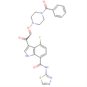 389629-20-3  1H-Indole-7-carboxamide,3-[(4-benzoyl-1-piperazinyl)oxoacetyl]-4-fluoro-N-1,3,4-thiadiazol-2-yl-
