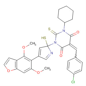 389844-00-2  4,6(1H,5H)-Pyrimidinedione,5-[(4-chlorophenyl)methylene]-1-[4-(4,6-dimethoxy-5-benzofuranyl)-2-thiazolyl]dihydro-3-phenyl-2-thioxo-