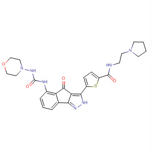 364734-06-5  2-Thiophenecarboxamide,5-[2,4-dihydro-5-[[(4-morpholinylamino)carbonyl]amino]-4-oxoindeno[1,2-c]pyrazol-3-yl]-N-[2-(1-pyrrolidinyl)ethyl]-