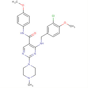 372115-03-2  5-Pyrimidinecarboxamide,4-[[(3-chloro-4-methoxyphenyl)methyl]amino]-N-(4-methoxyphenyl)-2-(4-methyl-1-piperazinyl)-
