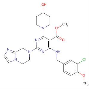 372115-95-2  5-Pyrimidinecarboxylic acid,4-[[(3-chloro-4-methoxyphenyl)methyl]amino]-2-(5,6-dihydroimidazo[1,2-a]pyrazin-7(8H)-yl)-6-(4-hydroxy-1-piperidinyl)-, methyl ester