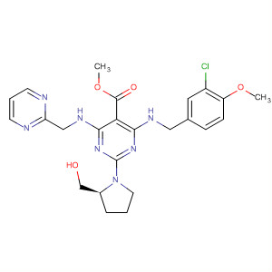 372116-27-3  5-Pyrimidinecarboxylic acid,4-[[(3-chloro-4-methoxyphenyl)methyl]amino]-2-[(2S)-2-(hydroxymethyl)-1-pyrrolidinyl]-6-[(2-pyrimidinylmethyl)amino]-, methyl ester
