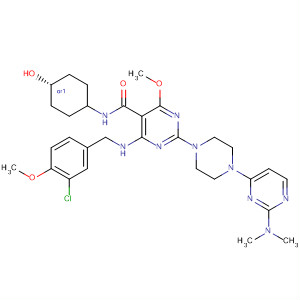 372117-17-4  5-Pyrimidinecarboxamide,4-[[(3-chloro-4-methoxyphenyl)methyl]amino]-2-[4-[2-(dimethylamino)-4-pyrimidinyl]-1-piperazinyl]-N-(trans-4-hydroxycyclohexyl)-6-methoxy-