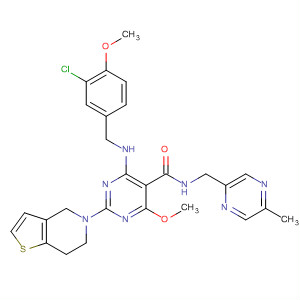 372117-20-9  5-Pyrimidinecarboxamide,4-[[(3-chloro-4-methoxyphenyl)methyl]amino]-2-(6,7-dihydrothieno[3,2-c]pyridin-5(4H)-yl)-6-methoxy-N-[(5-methylpyrazinyl)methyl]-