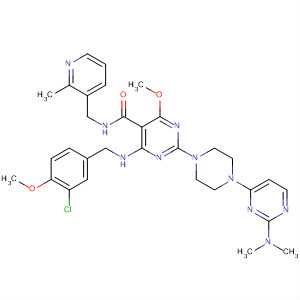 372117-28-7  5-Pyrimidinecarboxamide,4-[[(3-chloro-4-methoxyphenyl)methyl]amino]-2-[4-[2-(dimethylamino)-4-pyrimidinyl]-1-piperazinyl]-6-methoxy-N-[(2-methyl-3-pyridinyl)methyl]-