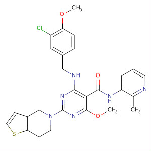 372117-30-1  5-Pyrimidinecarboxamide,4-[[(3-chloro-4-methoxyphenyl)methyl]amino]-2-(6,7-dihydrothieno[3,2-c]pyridin-5(4H)-yl)-6-methoxy-N-(2-methyl-3-pyridinyl)-