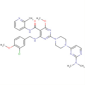 372117-33-4  5-Pyrimidinecarboxamide,4-[[(3-chloro-4-methoxyphenyl)methyl]amino]-2-[4-[2-(dimethylamino)-4-pyrimidinyl]-1-piperazinyl]-6-methoxy-N-(2-methyl-3-pyridinyl)-