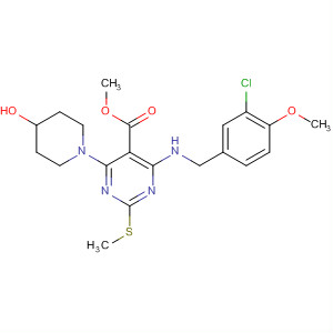 372118-33-7  5-Pyrimidinecarboxylic acid,4-[[(3-chloro-4-methoxyphenyl)methyl]amino]-6-(4-hydroxy-1-piperidinyl)-2-(methylthio)-, methyl ester