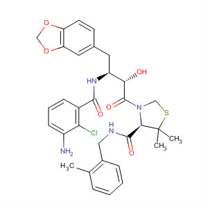 345666-31-1  4-Thiazolidinecarboxamide,3-[(2S,3S)-3-[(3-amino-2-chlorobenzoyl)amino]-4-(1,3-benzodioxol-5-yl)-2-hydroxy-1-oxobutyl]-5,5-dimethyl-N-[(2-methylphenyl)methyl]-, (4R)-