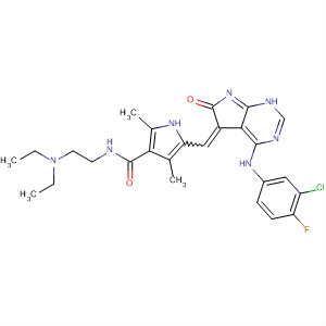 346599-89-1  1H-Pyrrole-3-carboxamide,5-[[4-[(3-chloro-4-fluorophenyl)amino]-1,6-dihydro-6-oxo-5H-pyrrolo[2,3-d]pyrimidin-5-ylidene]methyl]-N-[2-(diethylamino)ethyl]-2,4-dimethyl-