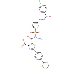 332360-50-6  4-Thiazolecarboxylic acid, 2-[4-(1,3-dithiolan-2-yl)phenyl]-,2-[[5-[[(4-chlorobenzoyl)amino]methyl]-2-thienyl]sulfonyl]hydrazide