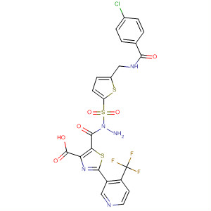332360-59-5  4-Thiazolecarboxylic acid, 2-[4-(trifluoromethyl)-3-pyridinyl]-,2-[[5-[[(4-chlorobenzoyl)amino]methyl]-2-thienyl]sulfonyl]hydrazide