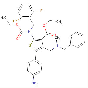 308831-97-2  3-Thiophenecarboxylic acid,5-(4-aminophenyl)-2-[[(2,6-difluorophenyl)methyl](ethoxycarbonyl)amino]-4-[[methyl(phenylmethyl)amino]methyl]-, ethyl ester