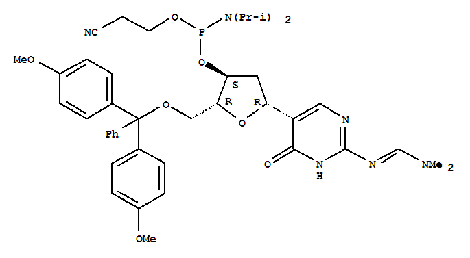 307314-31-4  Methanimidamide,N'-[5-[5-O-[bis(4-methoxyphenyl)phenylmethyl]-3-O-[[bis(1-methylethyl)amino](2-cyanoethoxy)phosphino]-2-deoxy-b-D-erythro-pentofuranosyl]-1,4-dihydro-4-oxo-2-pyrimidinyl]-N,N-dimethyl-(9CI)