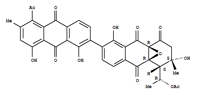 31498-90-5  4a,9a-Epoxyanthracene-1,9,10(2H)-trione,7-(5-acetyl-9,10-dihydro-1,8-dihydroxy-6-methyl-9,10-dioxo-2-anthracenyl)-4-[1-(acetyloxy)ethyl]-3,4-dihydro-3,8-dihydroxy-3-methyl-,stereoisomer (9CI)