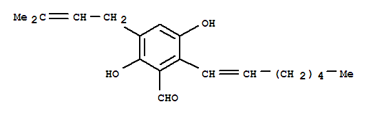 33514-92-0  Benzaldehyde,2-(1-hepten-1-yl)-3,6-dihydroxy-5-(3-methyl-2-buten-1-yl)-