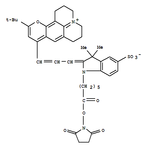 350496-77-4  1H,5H-[1]Benzopyrano[6,7,8-ij]quinolizin-4-ium,11-(1,1-dimethylethyl)-9-[3-[1-[6-[(2,5-dioxo-1-pyrrolidinyl)oxy]-6-oxohexyl]-1,3-dihydro-3,3-dimethyl-5-sulfo-2H-indol-2-ylidene]-1-propen-1-yl]-2,3,6,7-tetrahydro-,inner salt