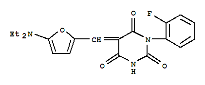 367465-34-7  2,4,6(1H,3H,5H)-Pyrimidinetrione,5-[[5-(diethylamino)-2-furanyl]methylene]-1-(2-fluorophenyl)-