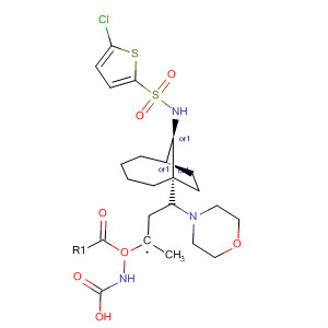 497862-88-1  Carbamic acid, [3-(4-morpholinyl)propyl]-,[(1R,6R,9R)-9-[[(5-chloro-2-thienyl)sulfonyl]amino]bicyclo[4.2.1]non-1-yl]methyl ester, rel-
