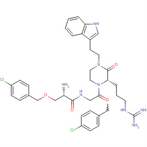 497934-84-6  Propanamide,2-amino-N-[(1R)-2-[(2S)-2-[3-[(aminoiminomethyl)amino]propyl]-4-[2-(1H-indol-3-yl)ethyl]-3-oxo-1-piperazinyl]-1-[(4-chlorophenyl)methyl]-2-oxoethyl]-3-[(4-chlorophenyl)methoxy]-, (2S)-