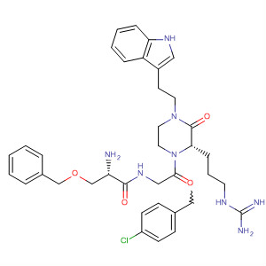 497934-85-7  Propanamide,2-amino-N-[(1R)-2-[(2S)-2-[3-[(aminoiminomethyl)amino]propyl]-4-[2-(1H-indol-3-yl)ethyl]-3-oxo-1-piperazinyl]-1-[(4-chlorophenyl)methyl]-2-oxoethyl]-3-(phenylmethoxy)-, (2S)-