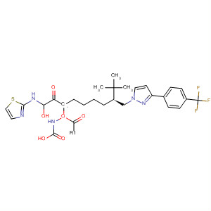 497948-16-0  Carbamic acid, [(1S)-1-[oxo(2-thiazolylamino)acetyl]pentyl]-,(1S)-2,2-dimethyl-1-[[3-[4-(trifluoromethyl)phenyl]-1H-pyrazol-1-yl]methyl]propyl ester