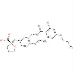 499789-18-3  2-Furancarboxylic acid,2-[[3-[[(2-chloro-4-propoxybenzoyl)amino]methyl]-4-ethoxyphenyl]methyl]tetrahydro-, (2R)-