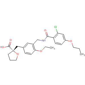 499789-27-4  2-Furancarboxylic acid,2-[[3-[[(2-chloro-4-propoxybenzoyl)amino]methyl]-4-ethoxyphenyl]methyl]tetrahydro-, (2S)-