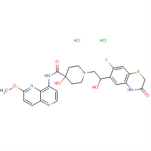 495415-87-7  4-Piperidinecarboxamide,1-[2-(7-fluoro-3,4-dihydro-3-oxo-2H-1,4-benzothiazin-6-yl)-2-hydroxyethyl]-4-hydroxy-N-(6-methoxy-1,5-naphthyridin-4-yl)-, dihydrochloride