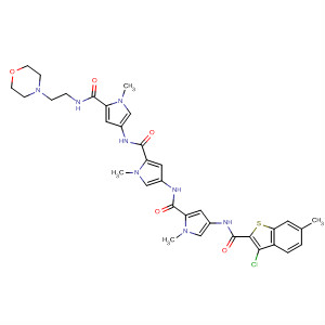 478398-89-9  1H-Pyrrole-2-carboxamide,4-[[[4-[[(3-chloro-6-methylbenzo[b]thien-2-yl)carbonyl]amino]-1-methyl-1H-pyrrol-2-yl]carbonyl]amino]-1-methyl-N-[1-methyl-5-[[[2-(4-morpholinyl)ethyl]amino]carbonyl]-1H-pyrrol-3-yl]-