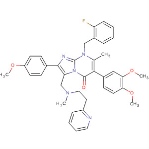 485404-52-2  Imidazo[1,2-a]pyrimidin-5(8H)-one,6-(3,4-dimethoxyphenyl)-8-[(2-fluorophenyl)methyl]-2-(4-methoxyphenyl)-7-methyl-3-[[methyl[2-(2-pyridinyl)ethyl]amino]methyl]-