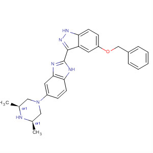 485839-12-1  1H-Indazole,3-[5-[(3R,5S)-3,5-dimethyl-1-piperazinyl]-1H-benzimidazol-2-yl]-5-(phenylmethoxy)-, rel-