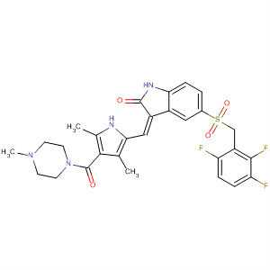 477574-43-9  Piperazine,1-[[5-[(Z)-[1,2-dihydro-2-oxo-5-[[(2,3,6-trifluorophenyl)methyl]sulfonyl]-3H-indol-3-ylidene]methyl]-2,4-dimethyl-1H-pyrrol-3-yl]carbonyl]-4-methyl-