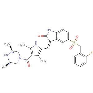 477574-72-4  Piperazine,1-[[5-[(Z)-[5-[[(2-fluorophenyl)methyl]sulfonyl]-1,2-dihydro-2-oxo-3H-indol-3-ylidene]methyl]-2,4-dimethyl-1H-pyrrol-3-yl]carbonyl]-3,5-dimethyl-,(3R,5S)-rel-