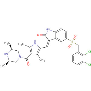 477575-69-2  Piperazine,1-[[5-[(Z)-[5-[[(2,3-dichlorophenyl)methyl]sulfonyl]-1,2-dihydro-2-oxo-3H-indol-3-ylidene]methyl]-2,4-dimethyl-1H-pyrrol-3-yl]carbonyl]-3,5-dimethyl-, (3R,5S)-