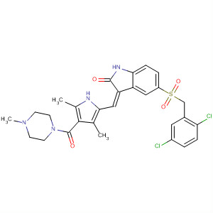 477576-15-1  Piperazine,1-[[5-[(Z)-[5-[[(2,5-dichlorophenyl)methyl]sulfonyl]-1,2-dihydro-2-oxo-3H-indol-3-ylidene]methyl]-2,4-dimethyl-1H-pyrrol-3-yl]carbonyl]-4-methyl-