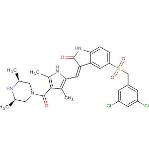 477576-16-2  Piperazine,1-[[5-[(Z)-[5-[[(3,5-dichlorophenyl)methyl]sulfonyl]-1,2-dihydro-2-oxo-3H-indol-3-ylidene]methyl]-2,4-dimethyl-1H-pyrrol-3-yl]carbonyl]-3,5-dimethyl-, (3R,5S)-