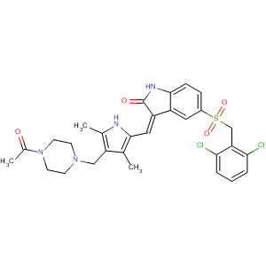477576-23-1  Piperazine,1-acetyl-4-[[5-[(Z)-[5-[[(2,6-dichlorophenyl)methyl]sulfonyl]-1,2-dihydro-2-oxo-3H-indol-3-ylidene]methyl]-2,4-dimethyl-1H-pyrrol-3-yl]methyl]-